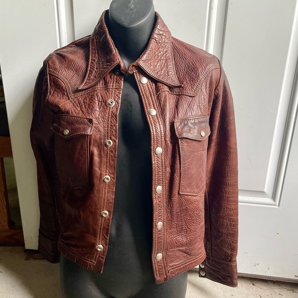 Vintage East West Musical Instruments Leather Jacket 60s 70s Rocker XS Brown - Picture 3 of 16